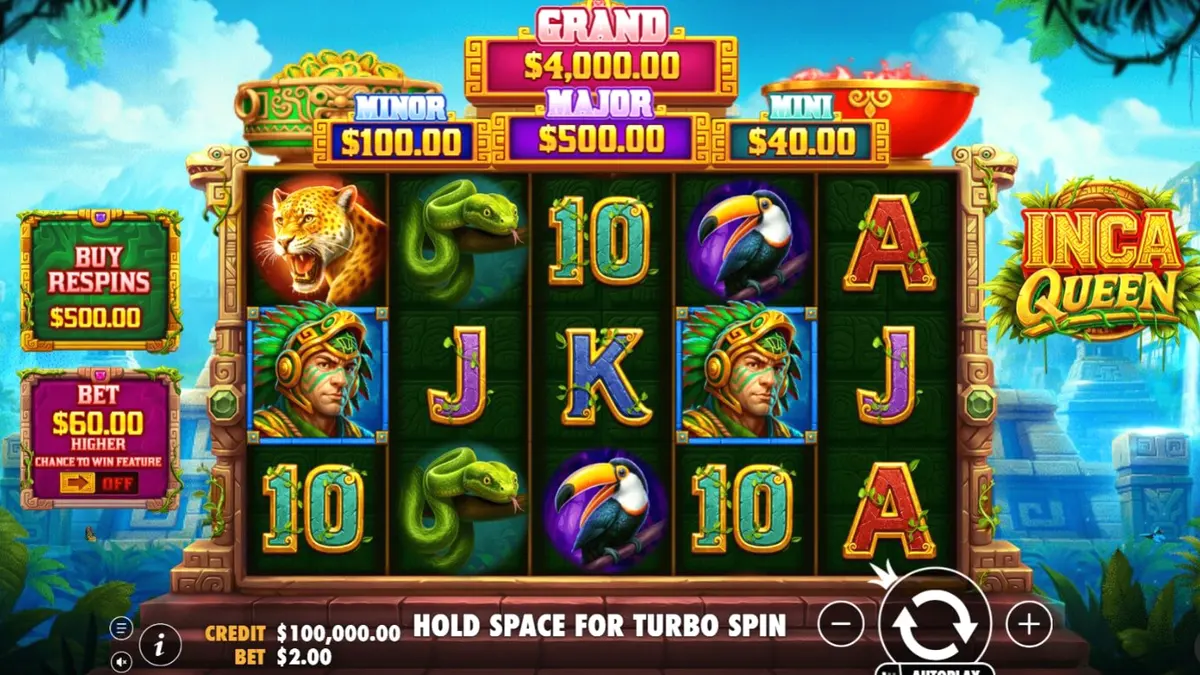 Inca Queen slot machine interface featuring Incan temple background