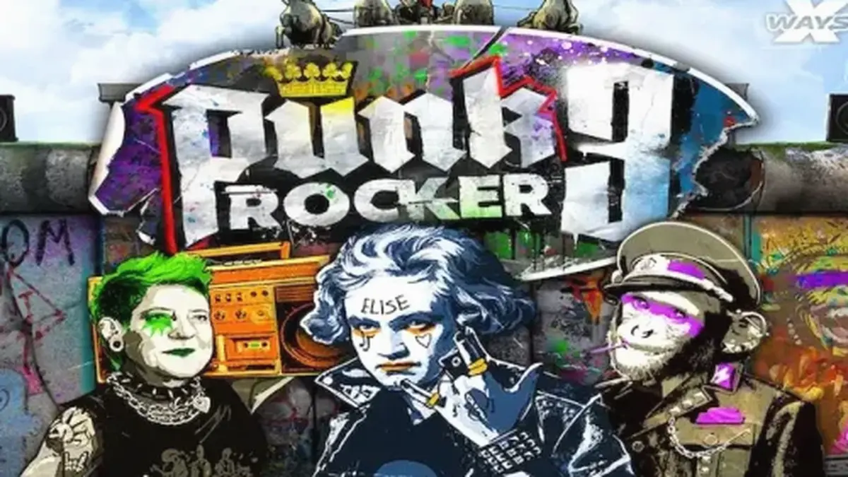 Visual urbano e caótico do slot Punk Rocker 3 com temática de Berlim