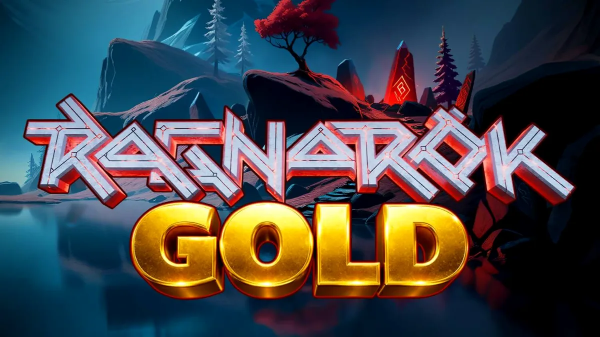 The fiery, apocalyptic landscape of the Ragnarok Gold slot game featuring Norse symbols.